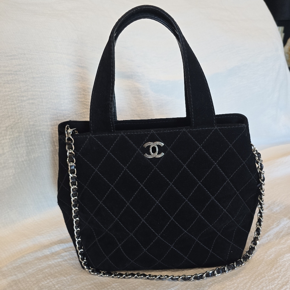 Chanel Wild Stitch Matelasse Black Leather Suede Tote Bag Silver CC Turnlock